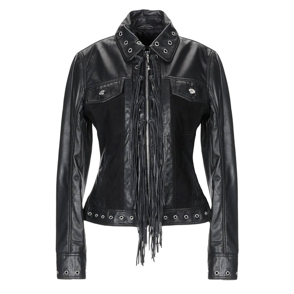 NWT Just Cavalli Western Fringe Black Leather Jacket - Size 38 (US 2)